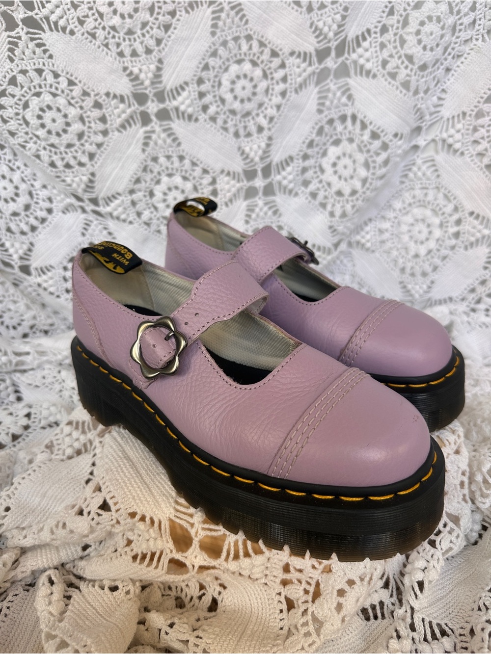 Rare Discontinued Lilac Dr. Martens Addina Quad Platform Flower Buckle Mary Jane